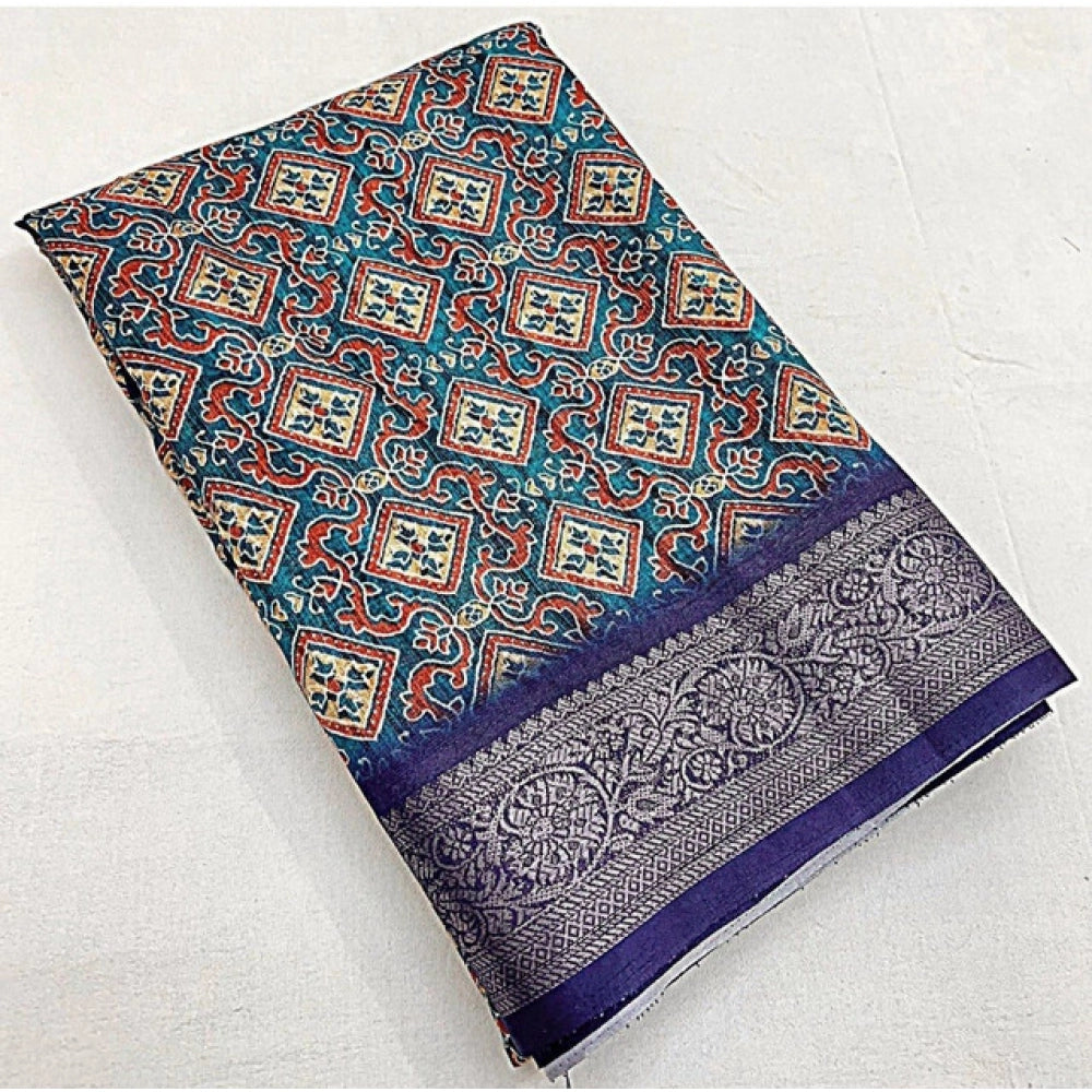Women's Cotton Blend Printed Saree With Unstitched Blouse 5.5Mtr (Blue)