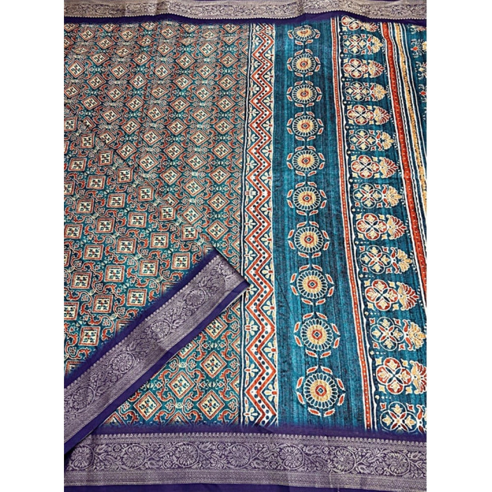 Women's Cotton Blend Printed Saree With Unstitched Blouse 5.5Mtr (Blue)