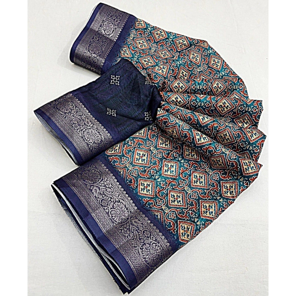 Women's Cotton Blend Printed Saree With Unstitched Blouse 5.5Mtr (Blue)