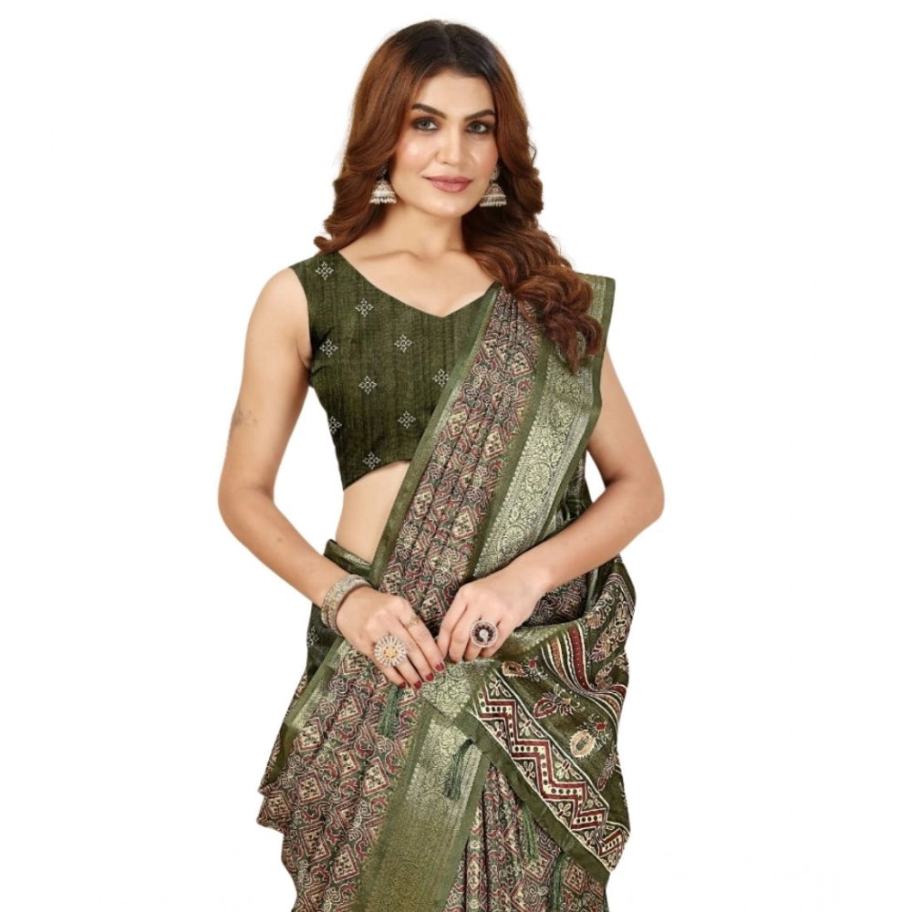Women's Cotton Blend Printed Saree With Unstitched Blouse 5.5Mtr (Green)