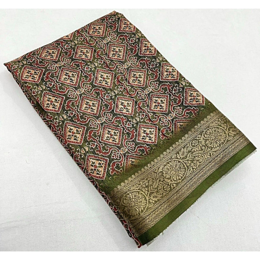 Women's Cotton Blend Printed Saree With Unstitched Blouse 5.5Mtr (Green)