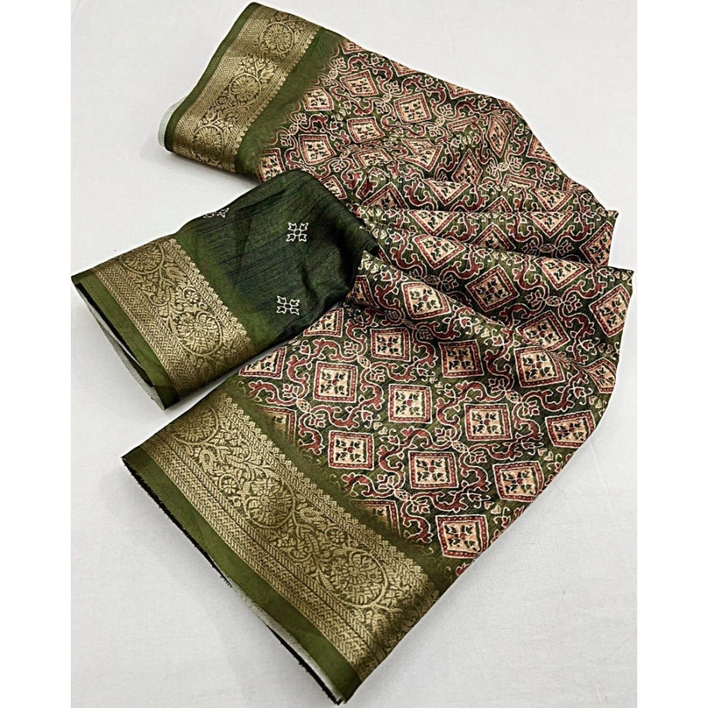 Women's Cotton Blend Printed Saree With Unstitched Blouse 5.5Mtr (Green)