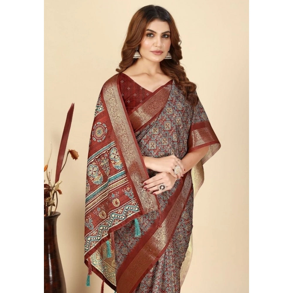 Women's Cotton Blend Printed Saree With Unstitched Blouse 5.5Mtr (Multicolor)