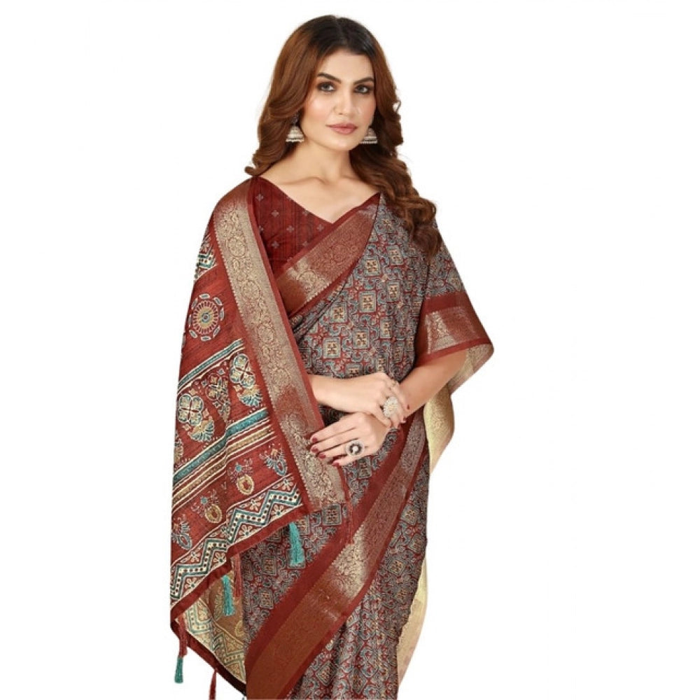 Women's Cotton Blend Printed Saree With Unstitched Blouse 5.5Mtr (Multicolor)