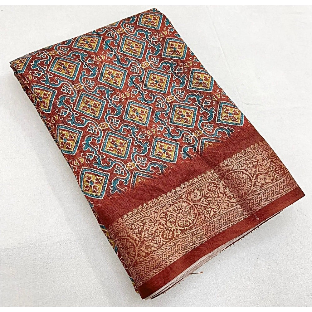 Women's Cotton Blend Printed Saree With Unstitched Blouse 5.5Mtr (Multicolor)
