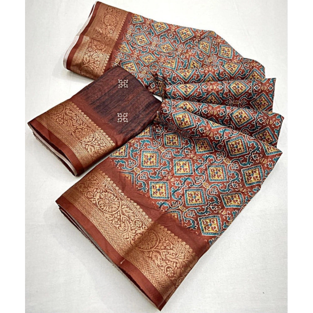 Women's Cotton Blend Printed Saree With Unstitched Blouse 5.5Mtr (Multicolor)