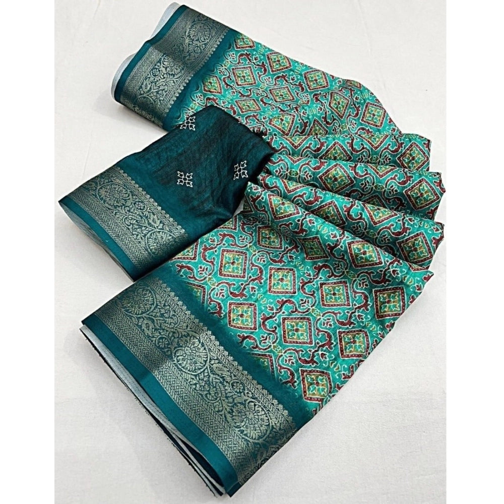 Women's Cotton Blend Printed Saree With Unstitched Blouse 5.5Mtr (Rama)