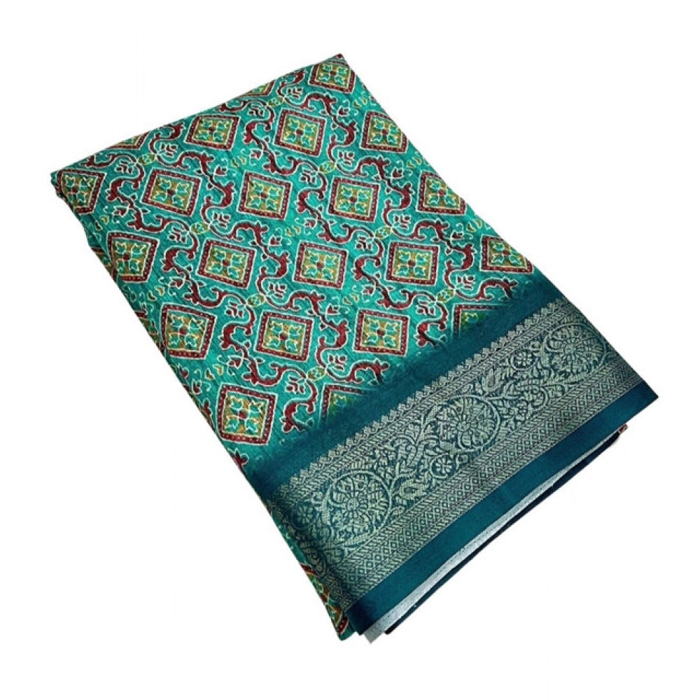 Women's Cotton Blend Printed Saree With Unstitched Blouse 5.5Mtr (Rama)