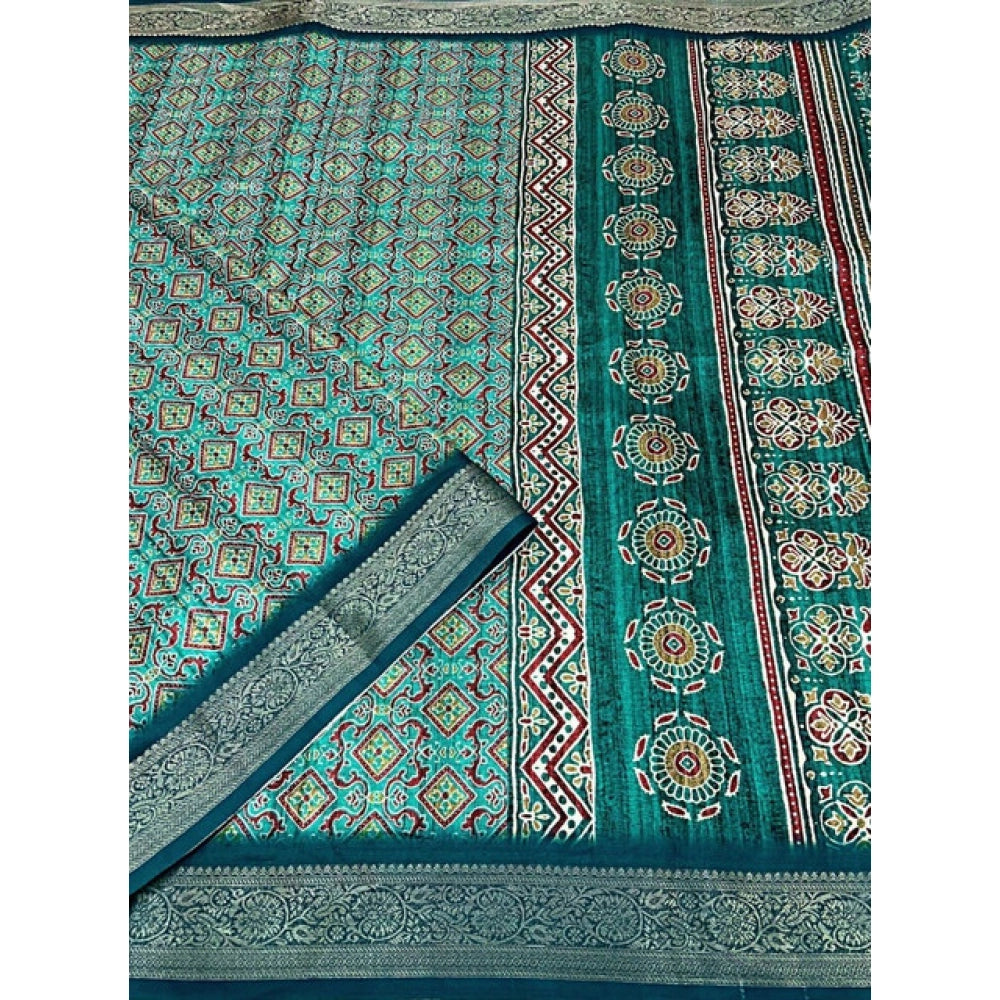 Women's Cotton Blend Printed Saree With Unstitched Blouse 5.5Mtr (Rama)