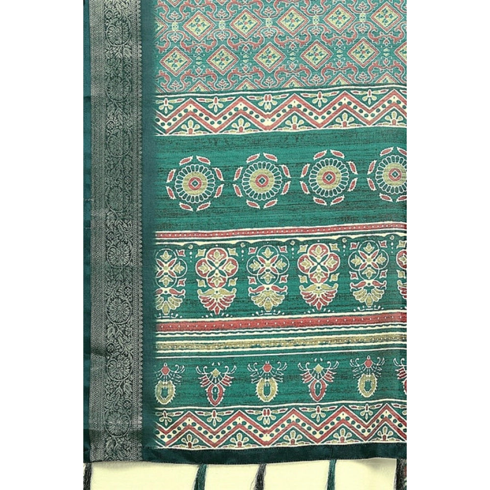 Women's Cotton Blend Printed Saree With Unstitched Blouse 5.5Mtr (Rama)