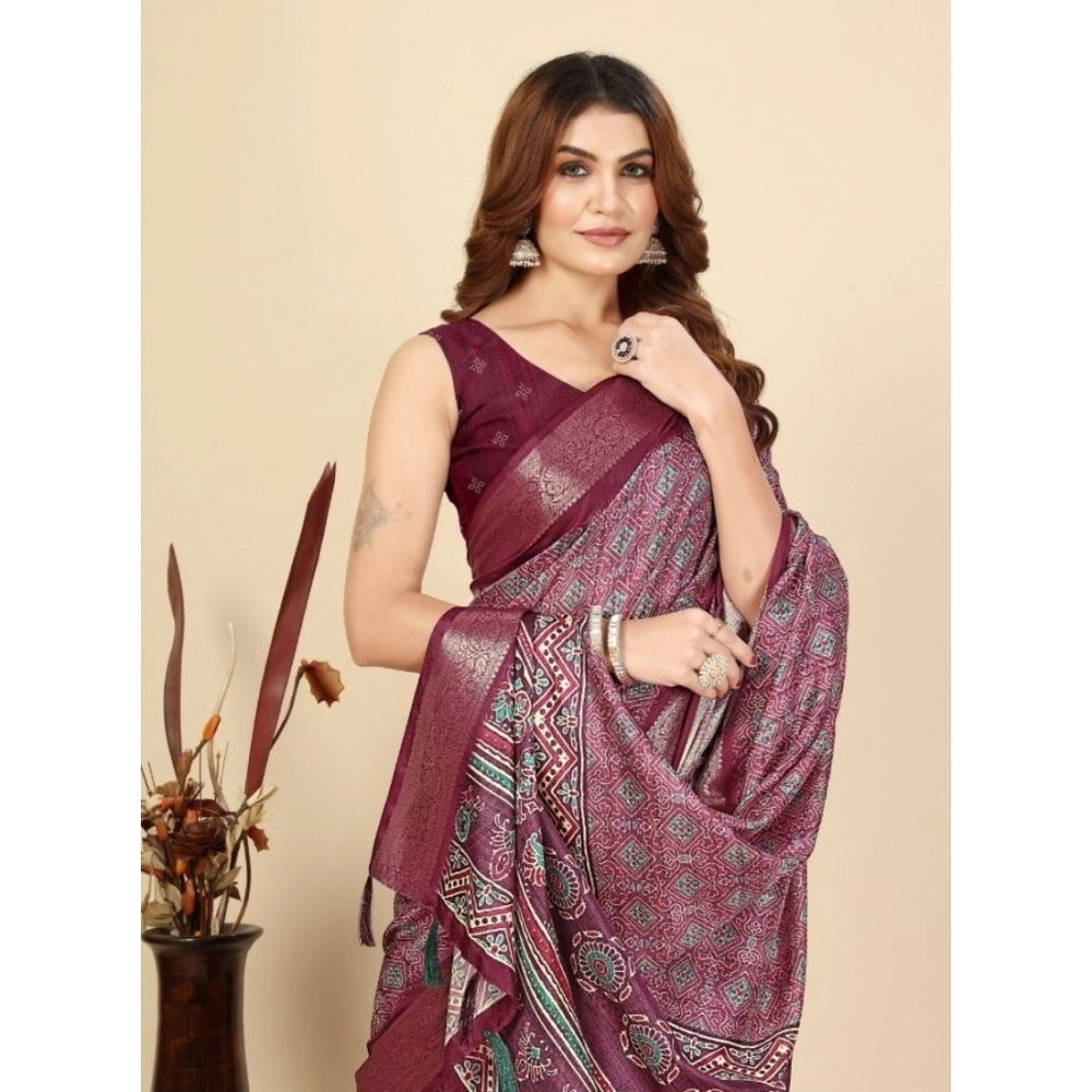 Women's Cotton Blend Printed Saree With Unstitched Blouse 5.5Mtr (Wine)