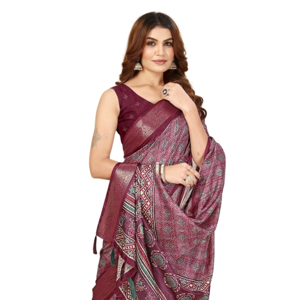 Women's Cotton Blend Printed Saree With Unstitched Blouse 5.5Mtr (Wine)