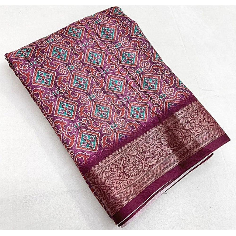 Women's Cotton Blend Printed Saree With Unstitched Blouse 5.5Mtr (Wine)