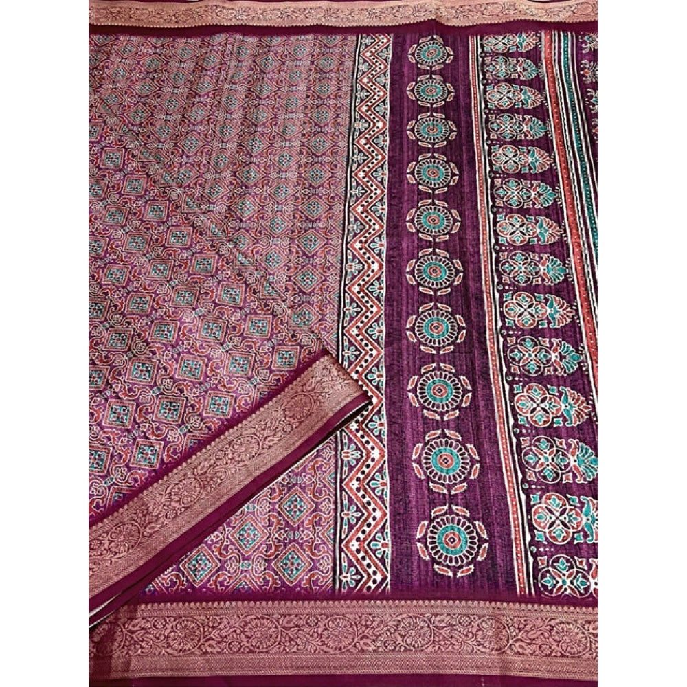 Women's Cotton Blend Printed Saree With Unstitched Blouse 5.5Mtr (Wine)