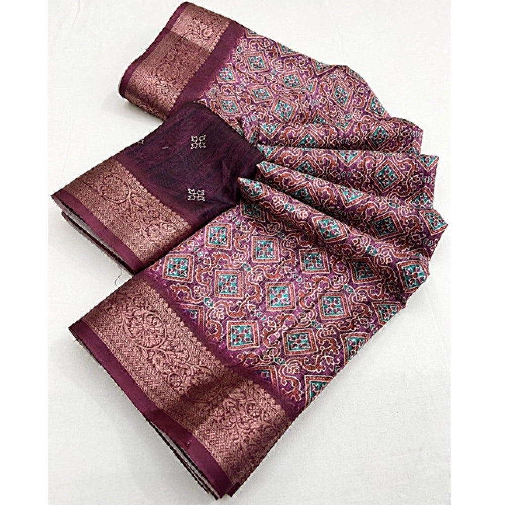 Women's Cotton Blend Printed Saree With Unstitched Blouse 5.5Mtr (Wine)