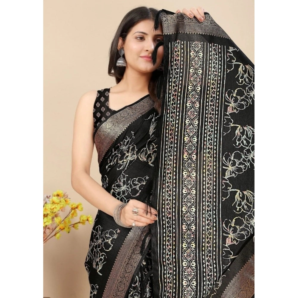 Women's Cotton Silk Floral Printed Saree With Unstitched Blouse 5.5Mtr (Black)