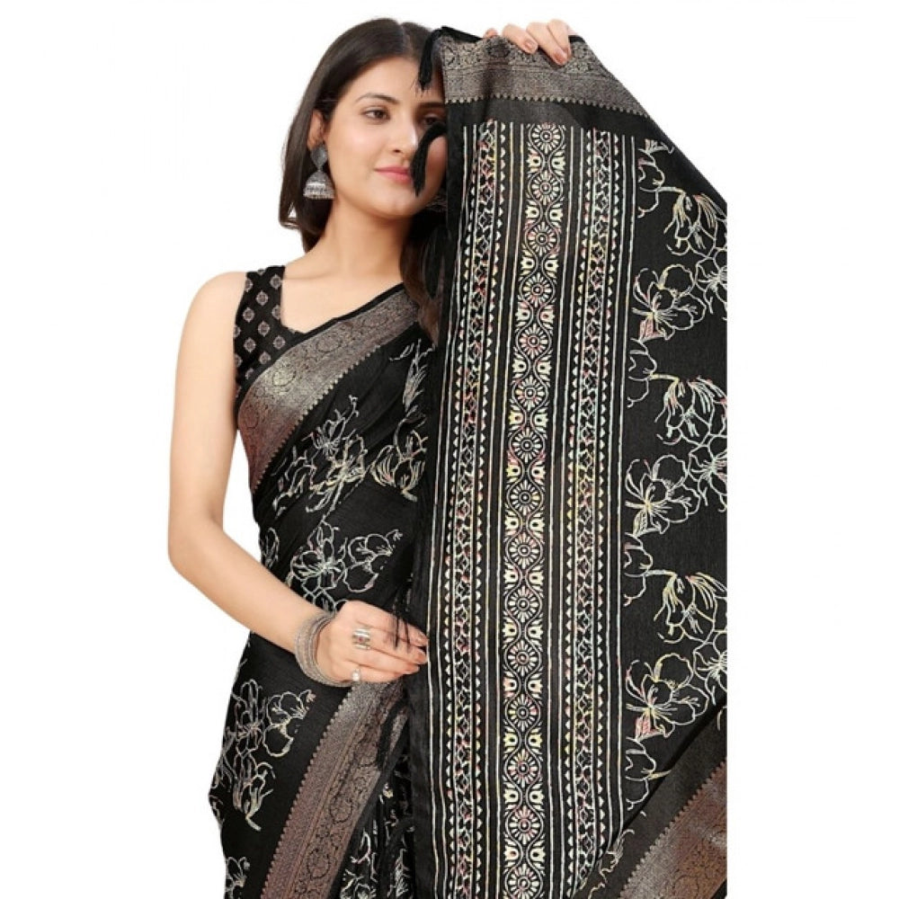 Women's Cotton Silk Floral Printed Saree With Unstitched Blouse 5.5Mtr (Black)