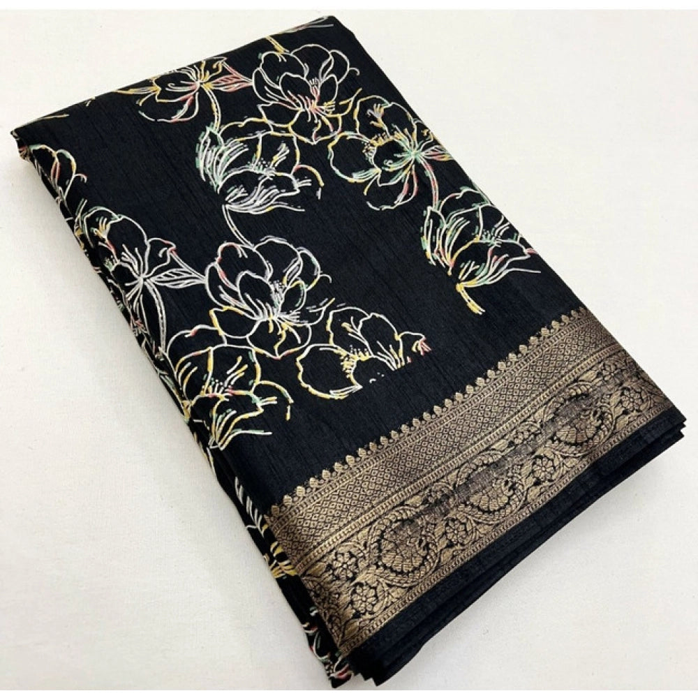 Women's Cotton Silk Floral Printed Saree With Unstitched Blouse 5.5Mtr (Black)