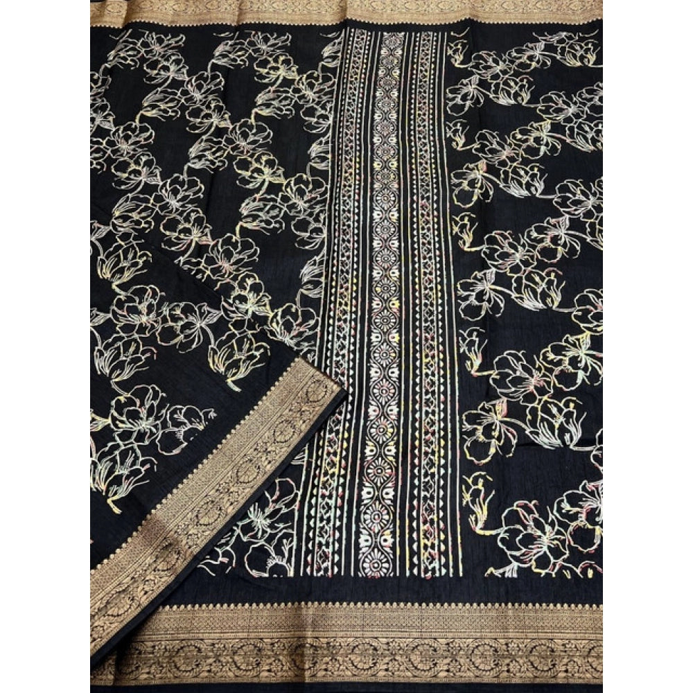 Women's Cotton Silk Floral Printed Saree With Unstitched Blouse 5.5Mtr (Black)