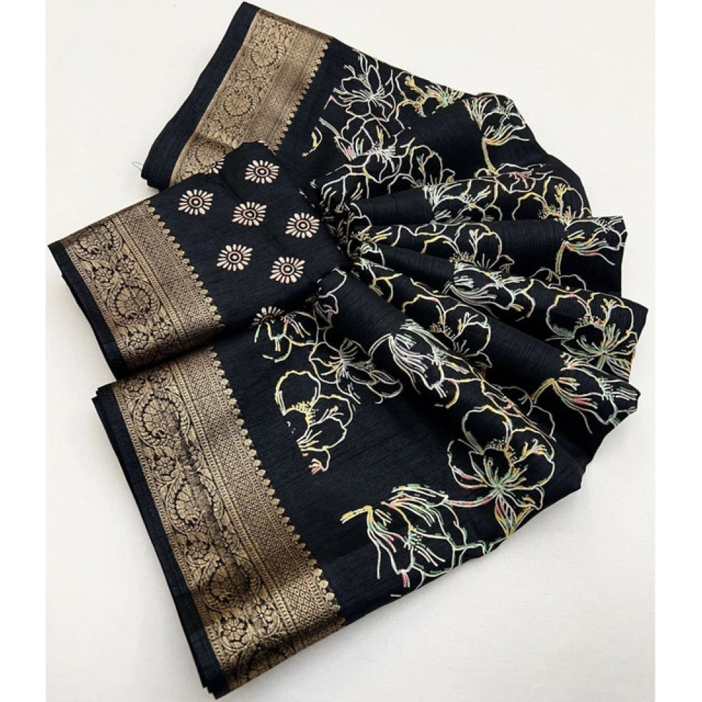 Women's Cotton Silk Floral Printed Saree With Unstitched Blouse 5.5Mtr (Black)