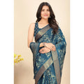 Women's Cotton Silk Floral Printed Saree With Unstitched Blouse 5.5Mtr (Blue)