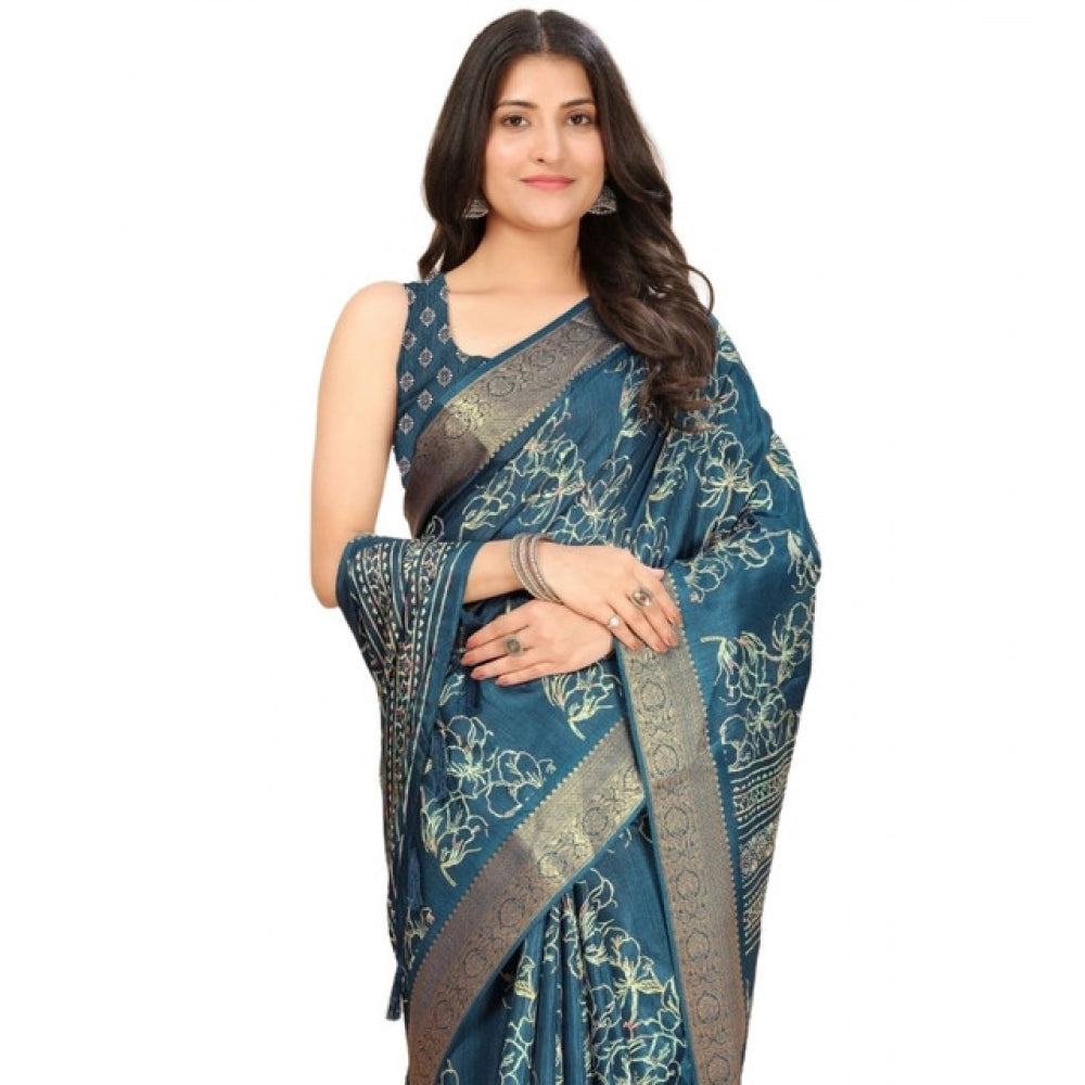 Women's Cotton Silk Floral Printed Saree With Unstitched Blouse 5.5Mtr (Blue)