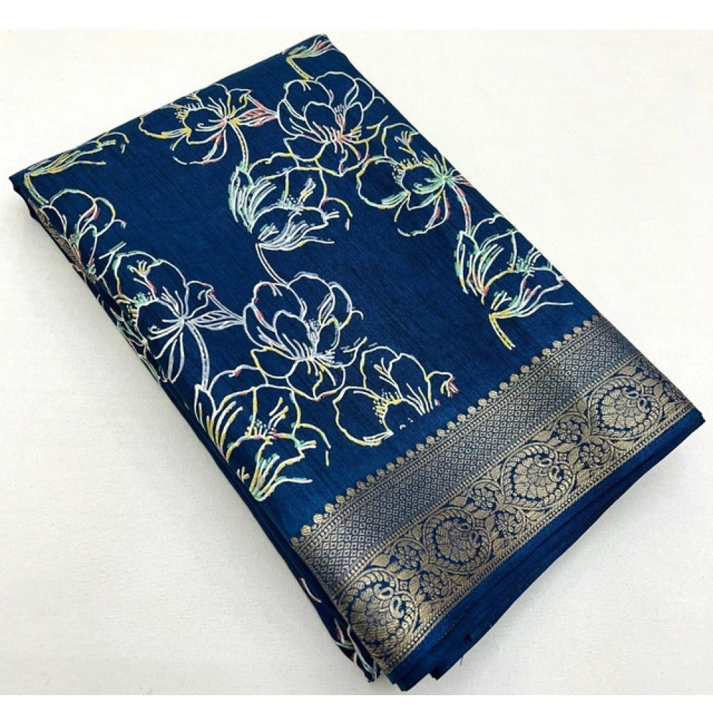 Women's Cotton Silk Floral Printed Saree With Unstitched Blouse 5.5Mtr (Blue)