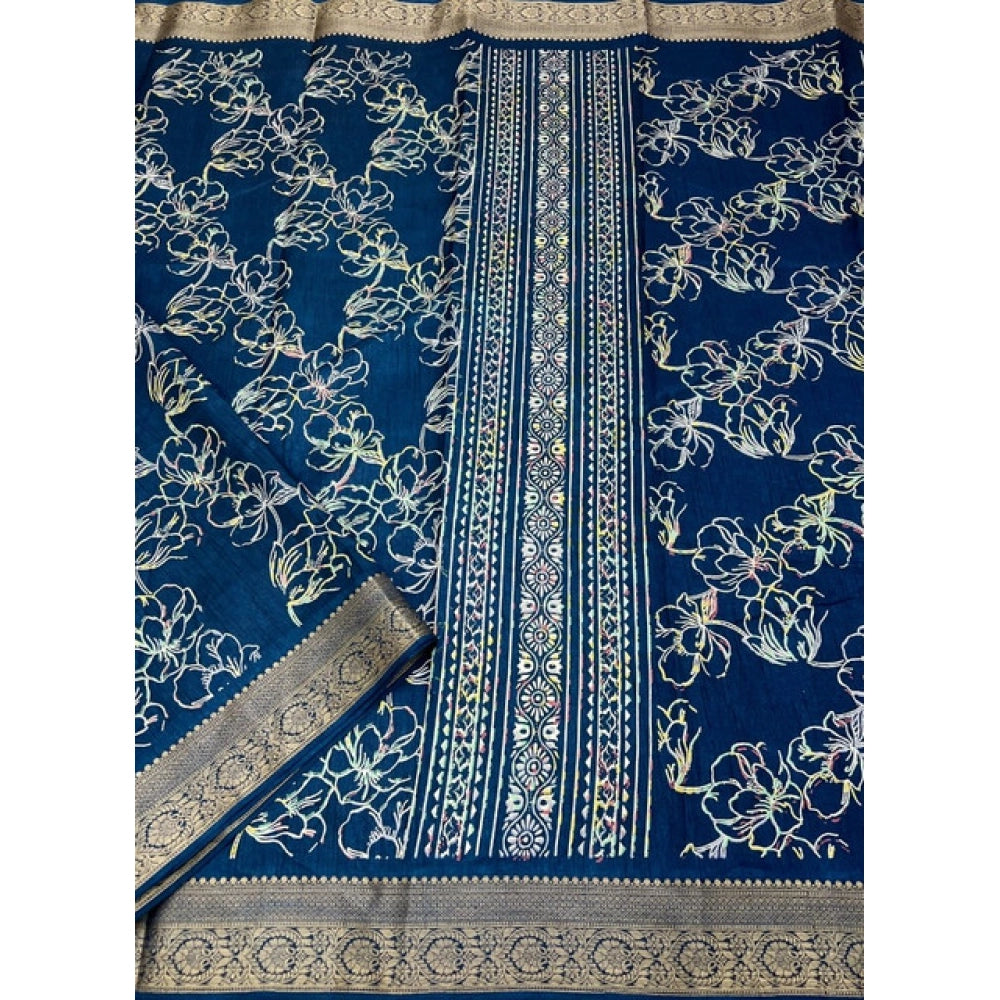 Women's Cotton Silk Floral Printed Saree With Unstitched Blouse 5.5Mtr (Blue)