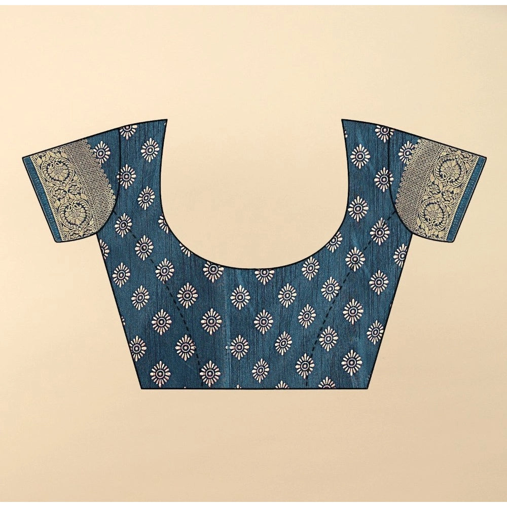 Women's Cotton Silk Floral Printed Saree With Unstitched Blouse 5.5Mtr (Blue)