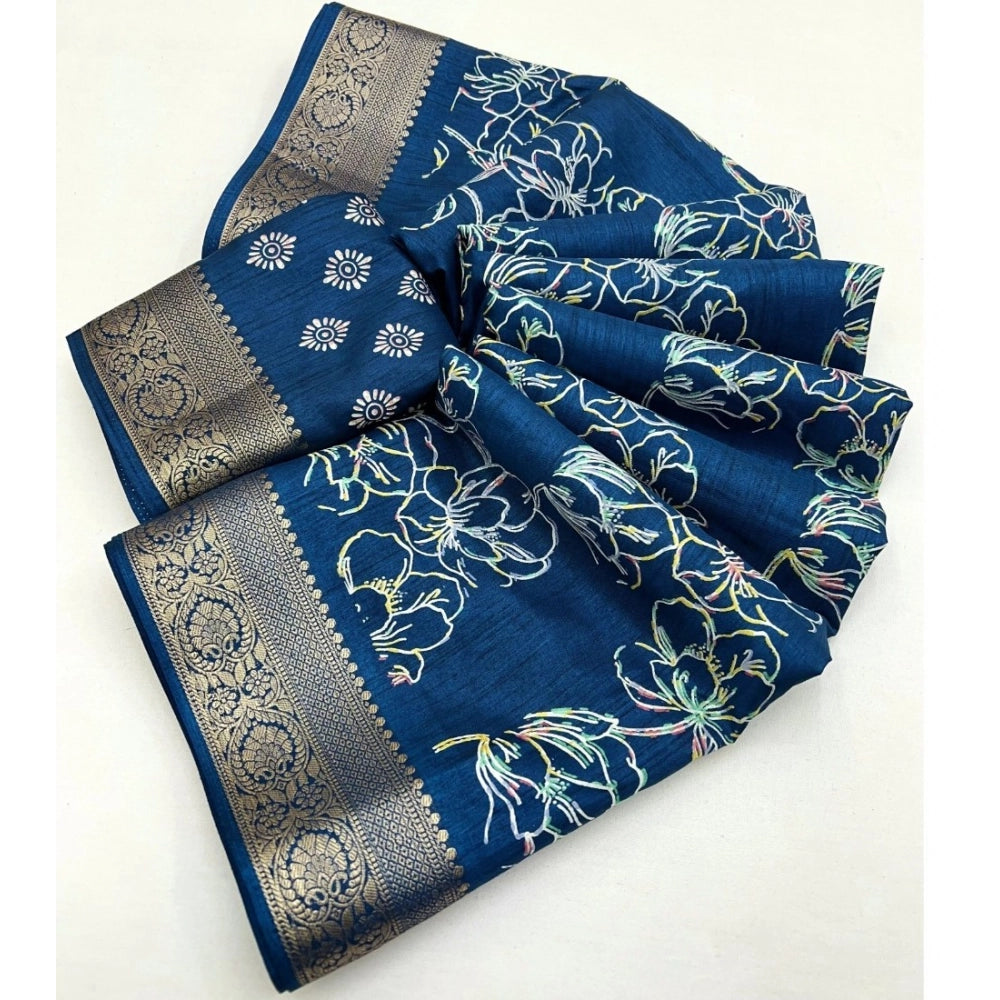 Women's Cotton Silk Floral Printed Saree With Unstitched Blouse 5.5Mtr (Blue)