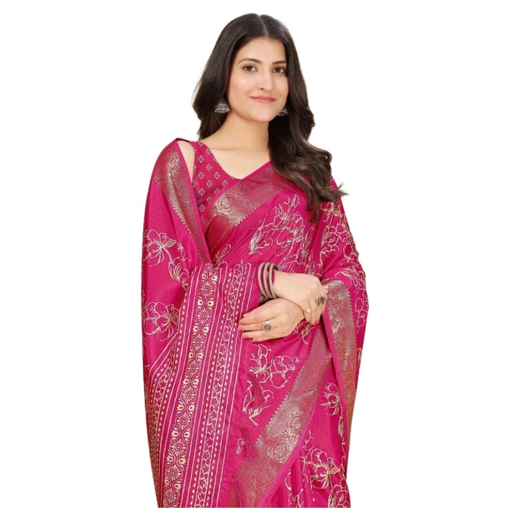 Women's Cotton Silk Floral Printed Saree With Unstitched Blouse 5.5Mtr (Pink)