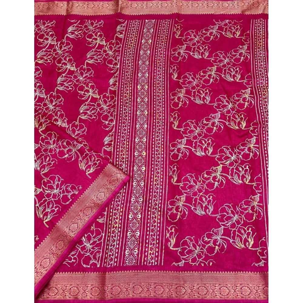 Women's Cotton Silk Floral Printed Saree With Unstitched Blouse 5.5Mtr (Pink)
