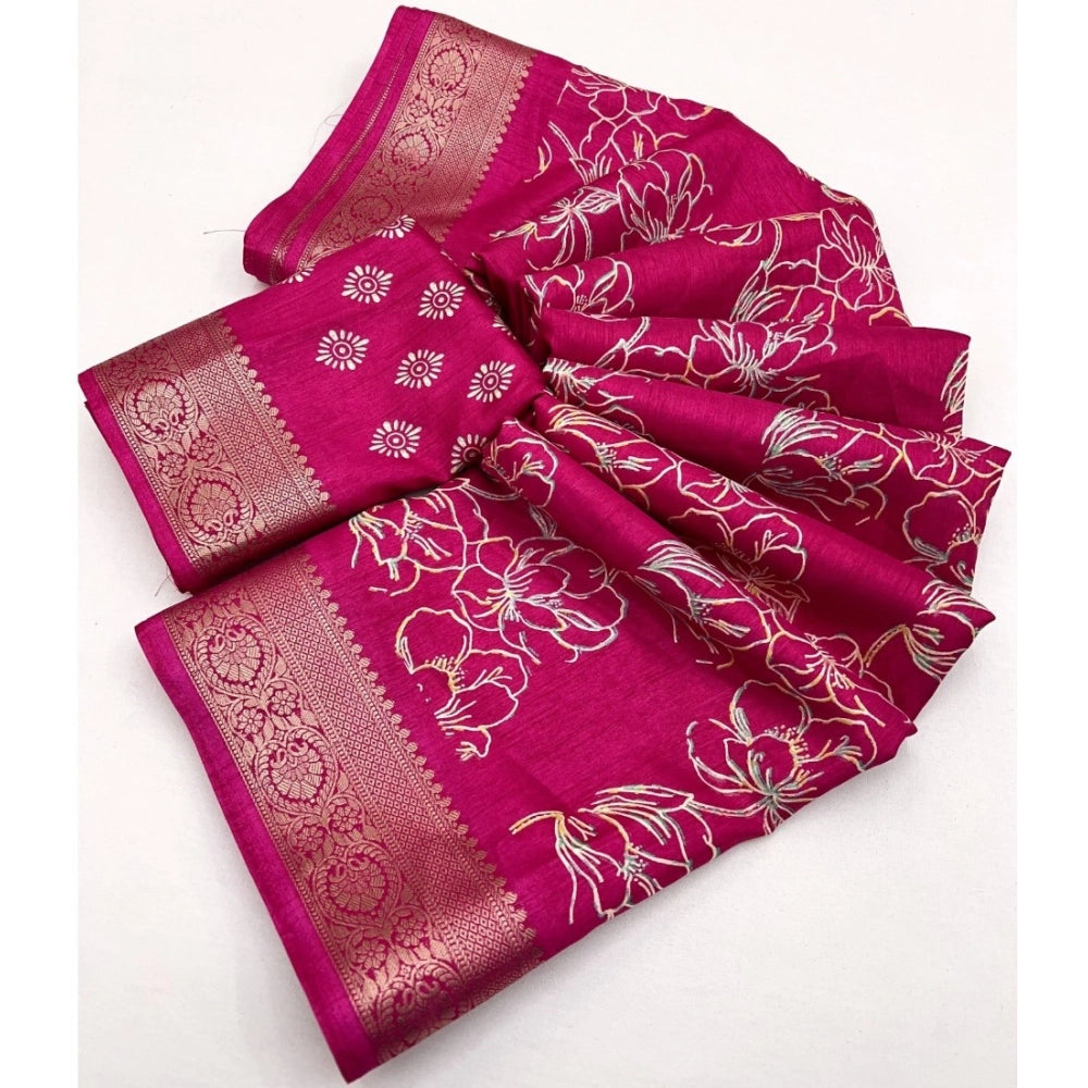 Women's Cotton Silk Floral Printed Saree With Unstitched Blouse 5.5Mtr (Pink)