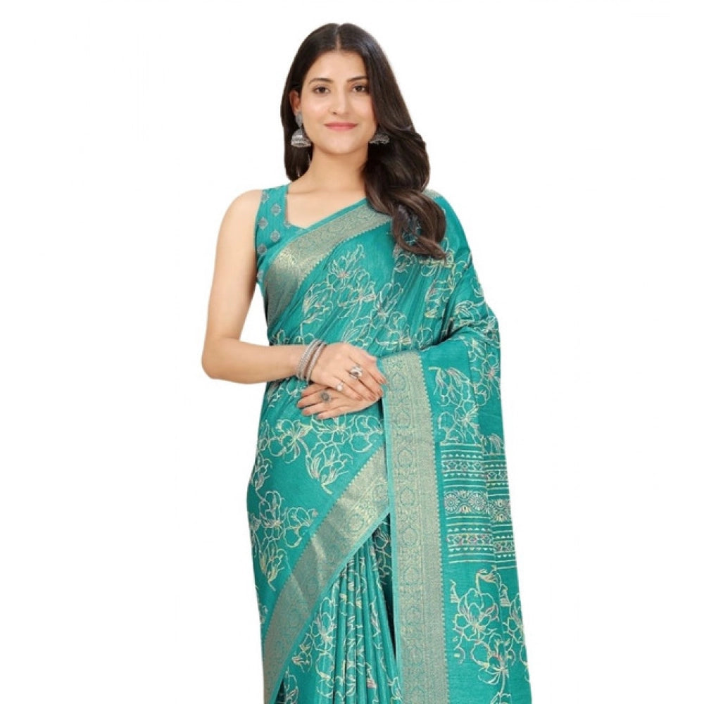 Women's Cotton Silk Floral Printed Saree With Unstitched Blouse 5.5Mtr (Rama)