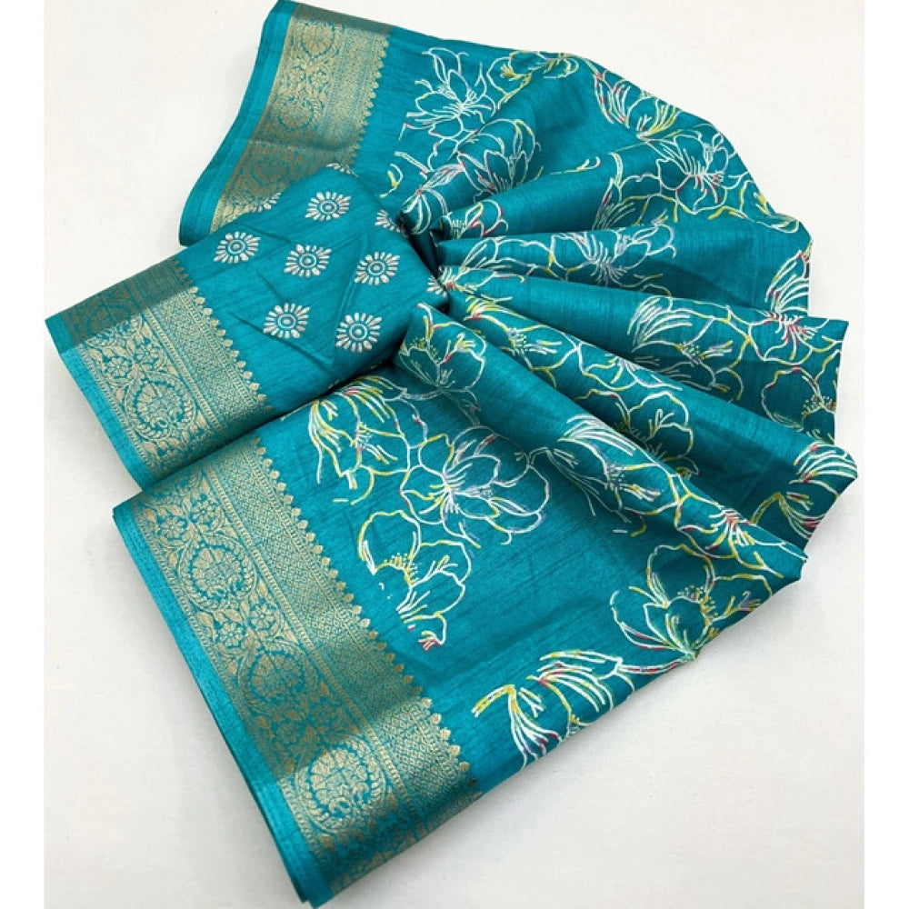 Women's Cotton Silk Floral Printed Saree With Unstitched Blouse 5.5Mtr (Rama)