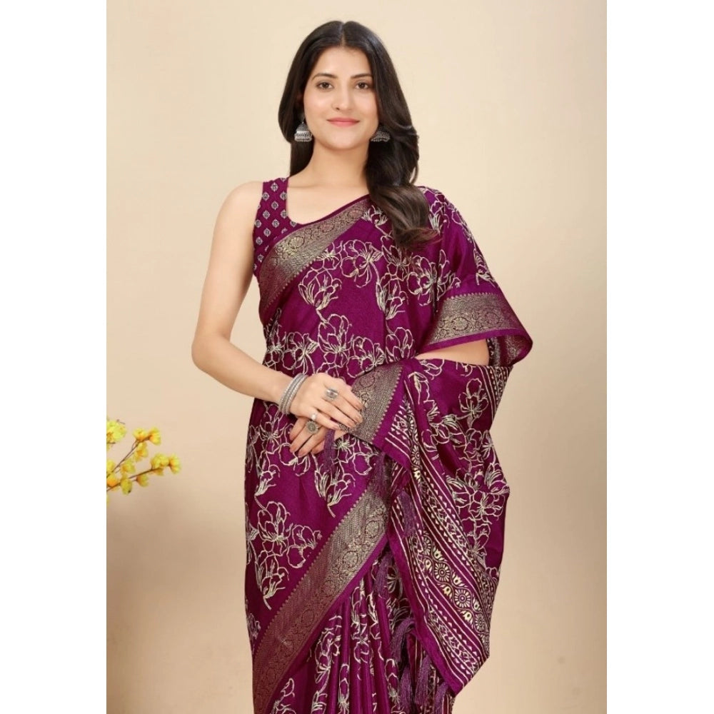 Women's Cotton Silk Floral Printed Saree With Unstitched Blouse 5.5Mtr (Wine)