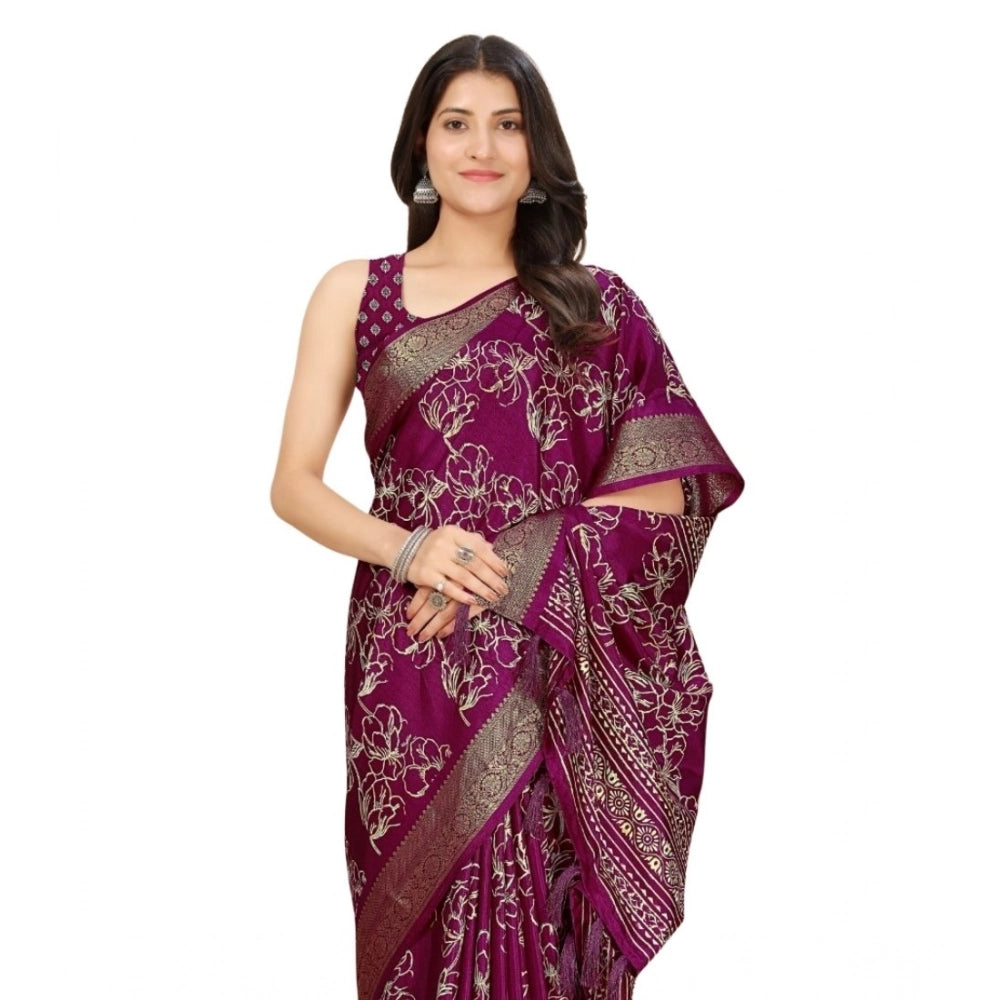 Women's Cotton Silk Floral Printed Saree With Unstitched Blouse 5.5Mtr (Wine)