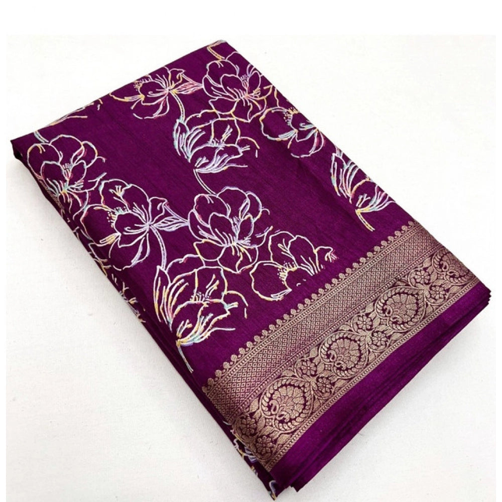 Women's Cotton Silk Floral Printed Saree With Unstitched Blouse 5.5Mtr (Wine)
