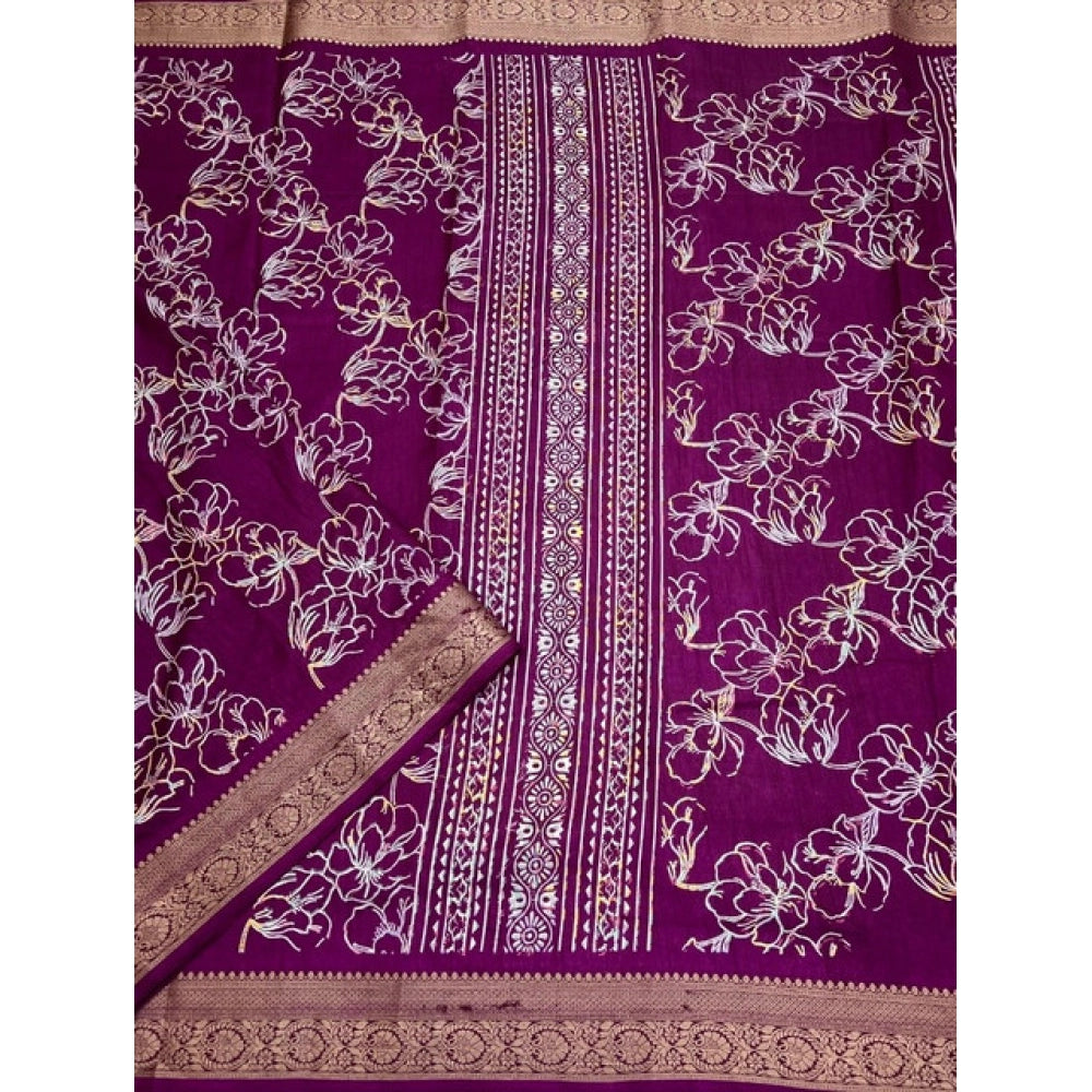 Women's Cotton Silk Floral Printed Saree With Unstitched Blouse 5.5Mtr (Wine)