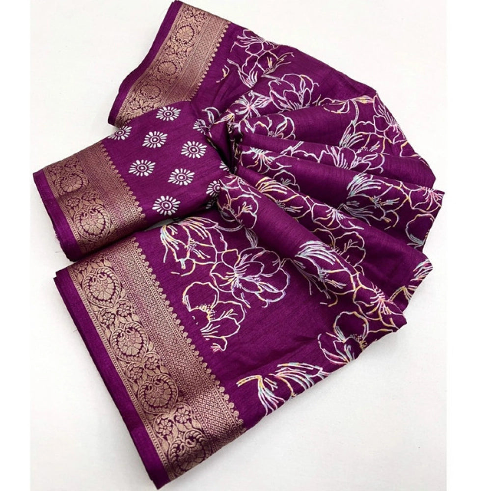 Women's Cotton Silk Floral Printed Saree With Unstitched Blouse 5.5Mtr (Wine)