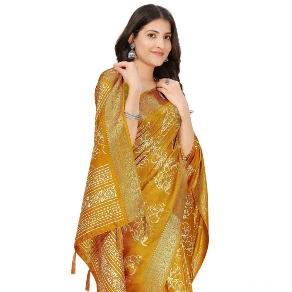 Women's Cotton Silk Floral Printed Saree With Unstitched Blouse 5.5Mtr (Yellow)