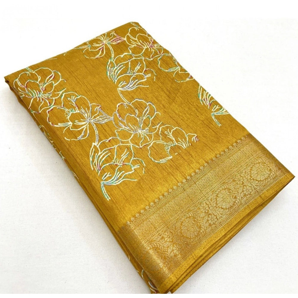 Women's Cotton Silk Floral Printed Saree With Unstitched Blouse 5.5Mtr (Yellow)