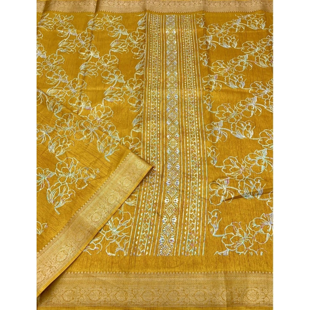 Women's Cotton Silk Floral Printed Saree With Unstitched Blouse 5.5Mtr (Yellow)