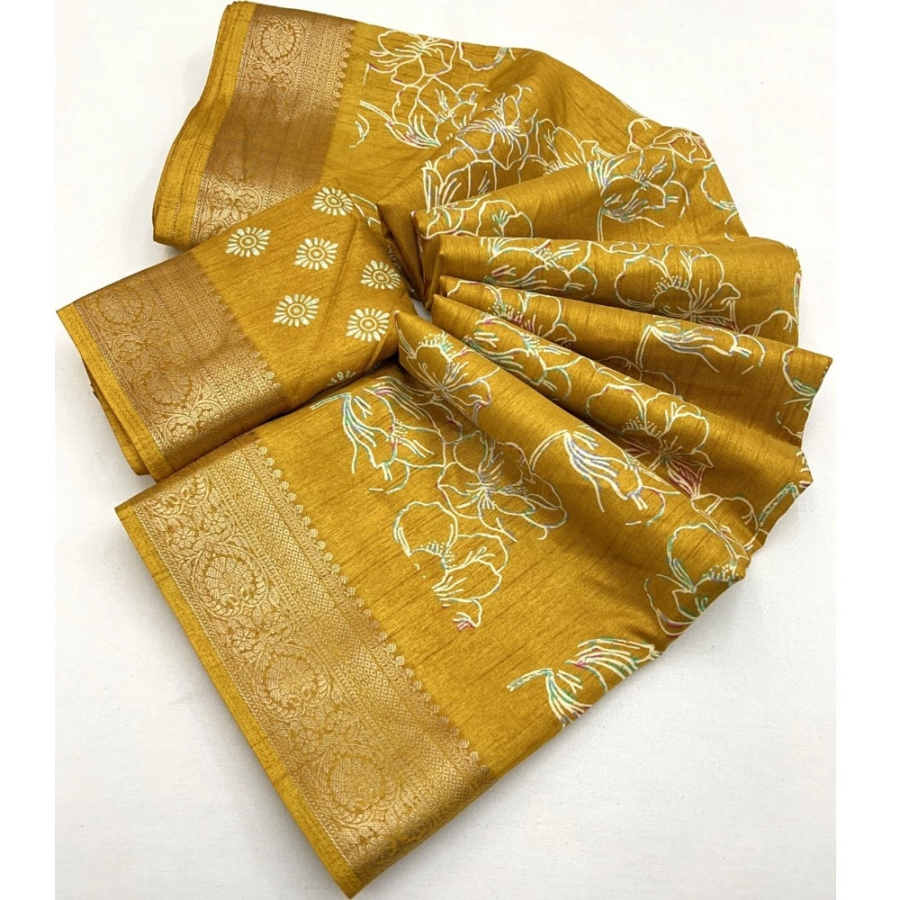 Women's Cotton Silk Floral Printed Saree With Unstitched Blouse 5.5Mtr (Yellow)