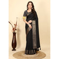 Women's Cotton Blend Checkered Saree With Unstitched Blouse 5.5Mtr (Black)