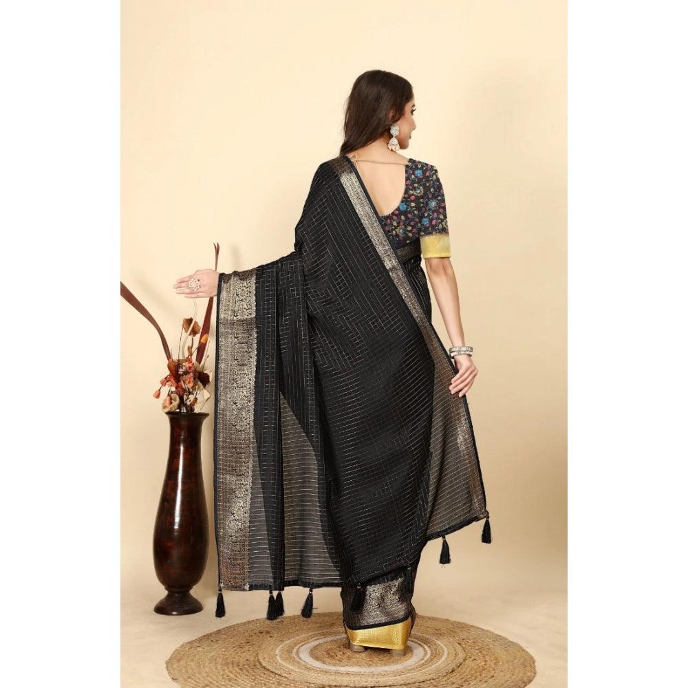 Women's Cotton Blend Checkered Saree With Unstitched Blouse 5.5Mtr (Black)