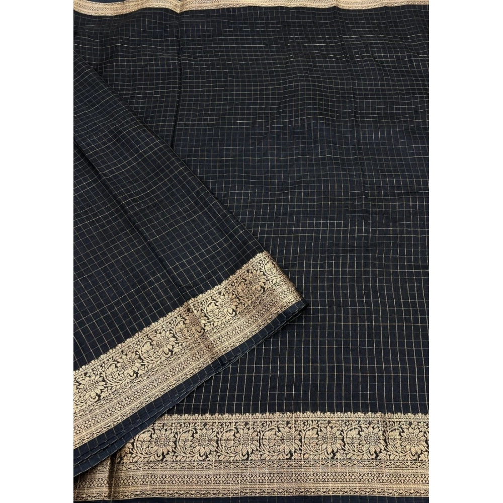 Women's Cotton Blend Checkered Saree With Unstitched Blouse 5.5Mtr (Black)