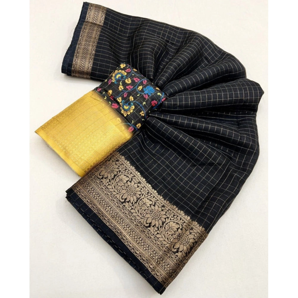 Women's Cotton Blend Checkered Saree With Unstitched Blouse 5.5Mtr (Black)