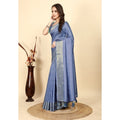 Women's Cotton Blend Checkered Saree With Unstitched Blouse 5.5Mtr (Blue)