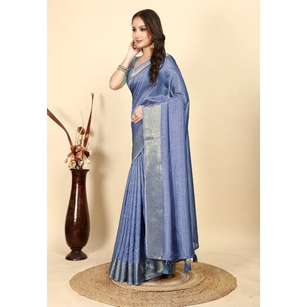 Women's Cotton Blend Checkered Saree With Unstitched Blouse 5.5Mtr (Blue)